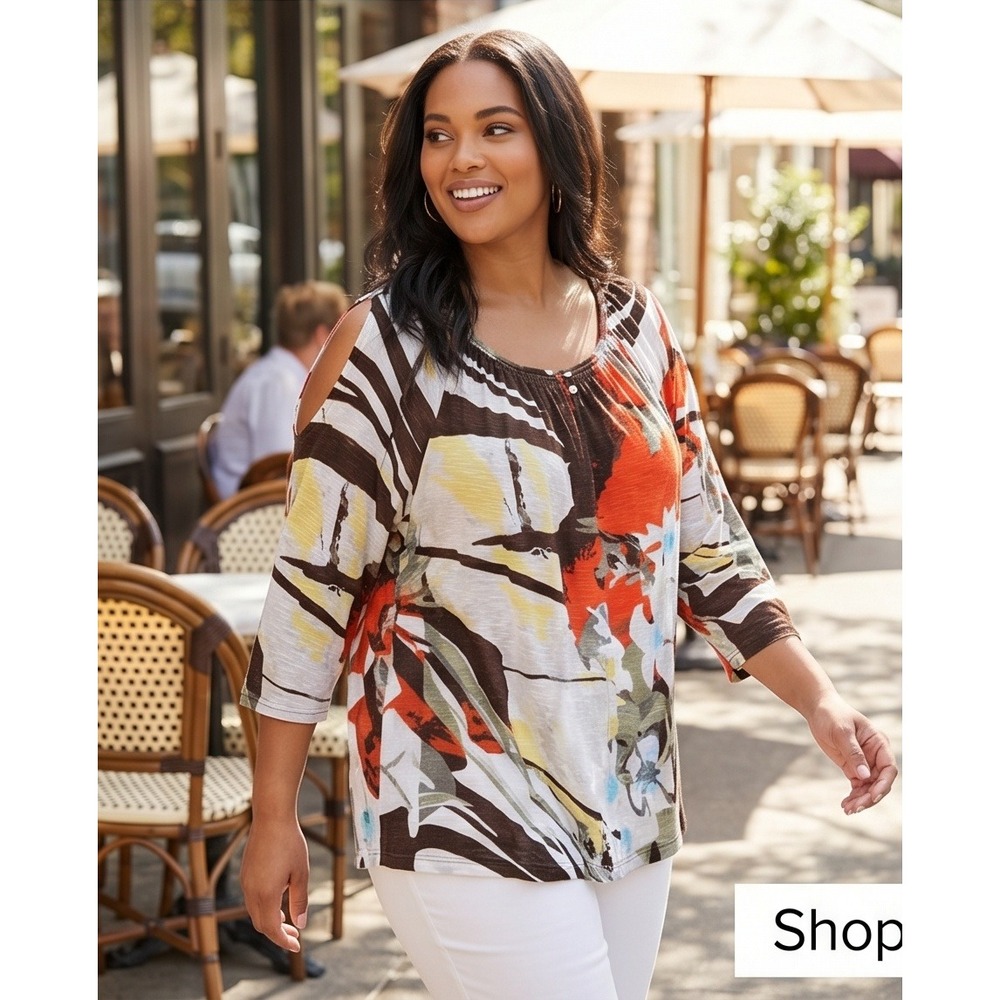 Chico's 1 Cold Shoulder Floral Abstract Viscose Top Brown Orange Size 1 Medium‎